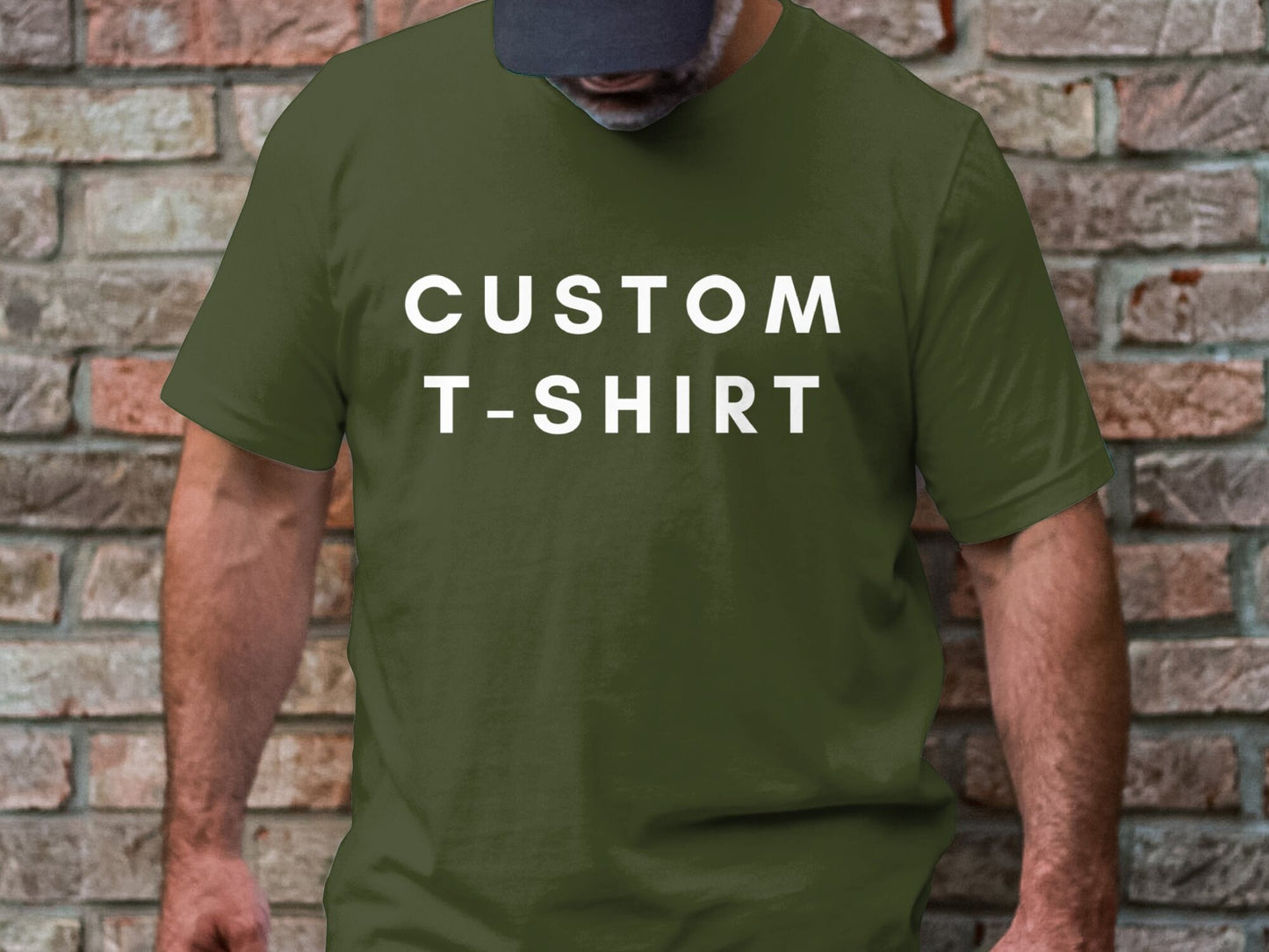 a man wearing a t - shirt that says custom t - shirt